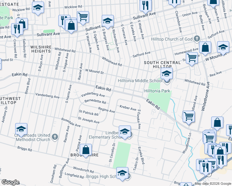 map of restaurants, bars, coffee shops, grocery stores, and more near 2592 Eakin Road in Columbus