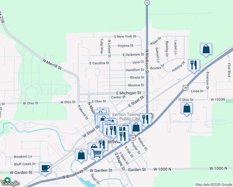 map of restaurants, bars, coffee shops, grocery stores, and more near 315 East Michigan Street in Fortville
