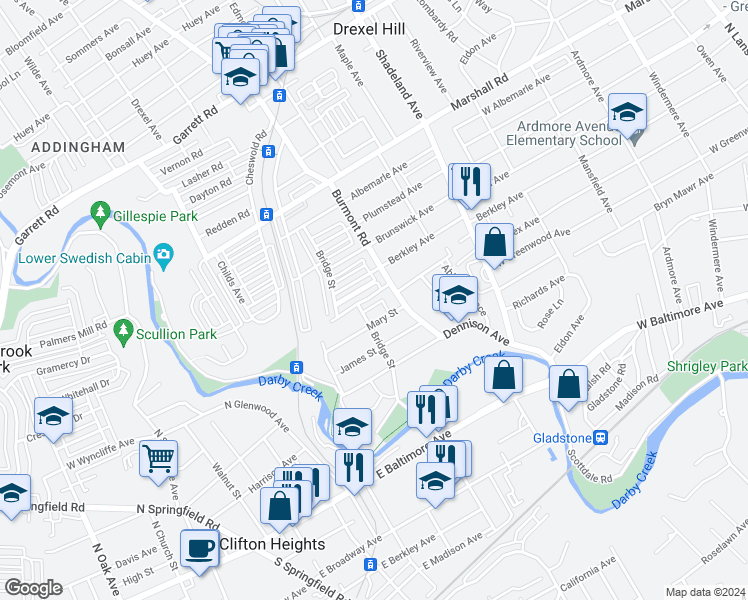 map of restaurants, bars, coffee shops, grocery stores, and more near 3814 Anne Street in Upper Darby