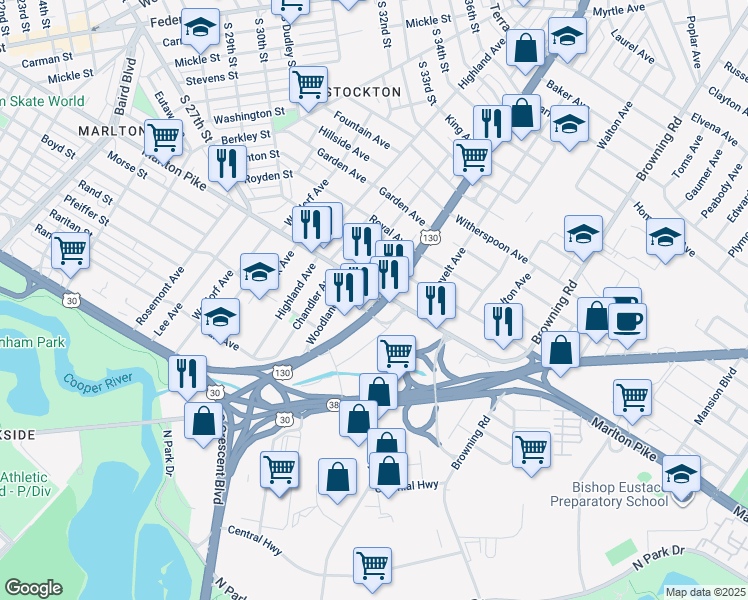 map of restaurants, bars, coffee shops, grocery stores, and more near 6807 South Crescent Boulevard in Pennsauken Township