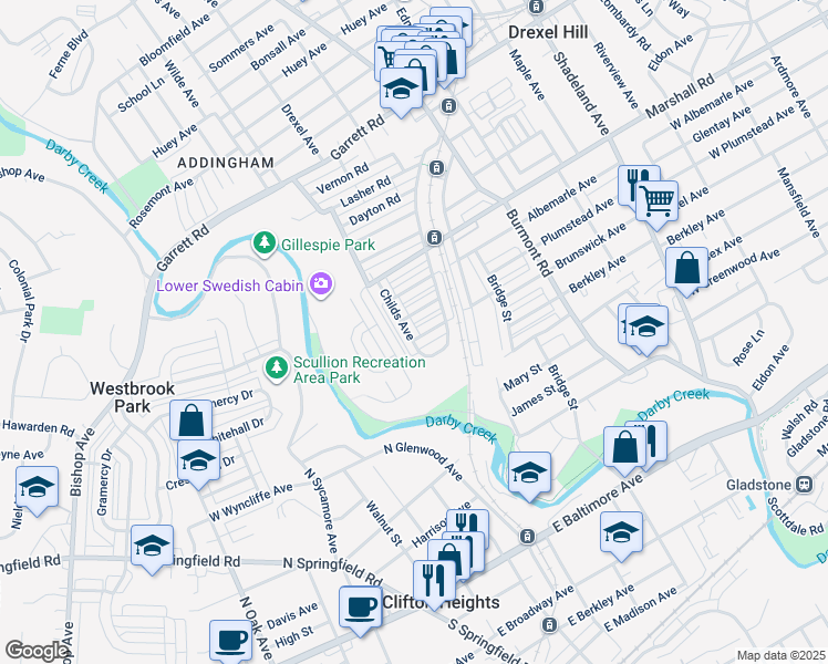 map of restaurants, bars, coffee shops, grocery stores, and more near 249 Childs Avenue in Drexel Hill