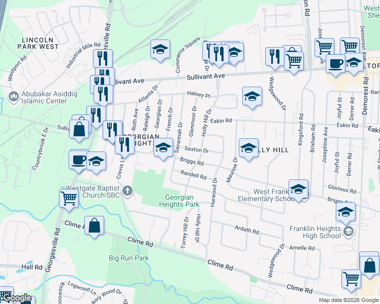 map of restaurants, bars, coffee shops, grocery stores, and more near 3989 Sexton Drive in Columbus
