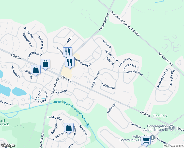 map of restaurants, bars, coffee shops, grocery stores, and more near 2902 Sweetleaf Terrace in Mount Laurel