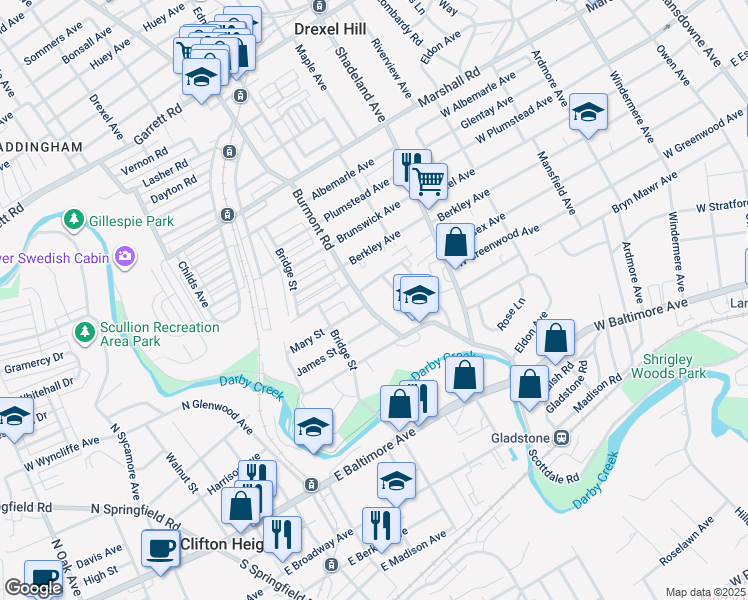 map of restaurants, bars, coffee shops, grocery stores, and more near 149 Burmont Road in Drexel Hill