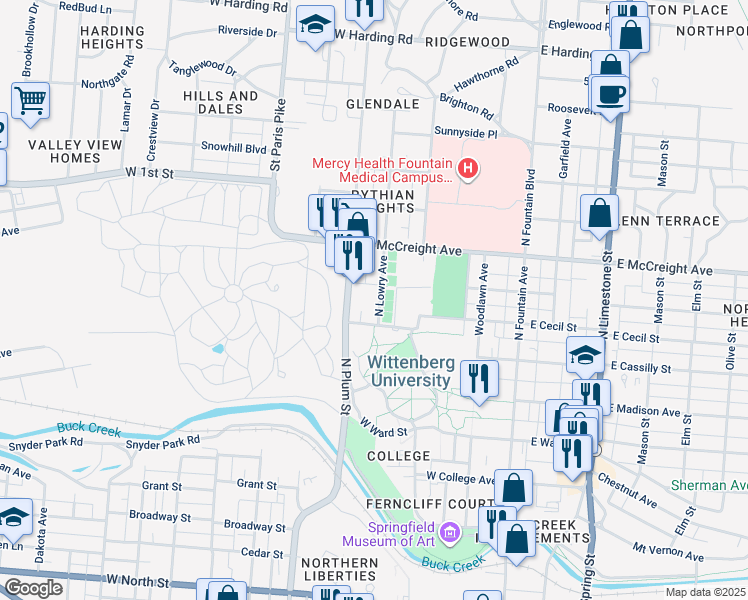 map of restaurants, bars, coffee shops, grocery stores, and more near 1009 North Lowry Avenue in Springfield