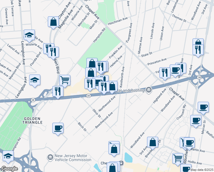 map of restaurants, bars, coffee shops, grocery stores, and more near 638 Longwood Avenue in Cherry Hill