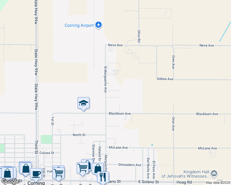map of restaurants, bars, coffee shops, grocery stores, and more near 109 Victorian Park Court in Corning