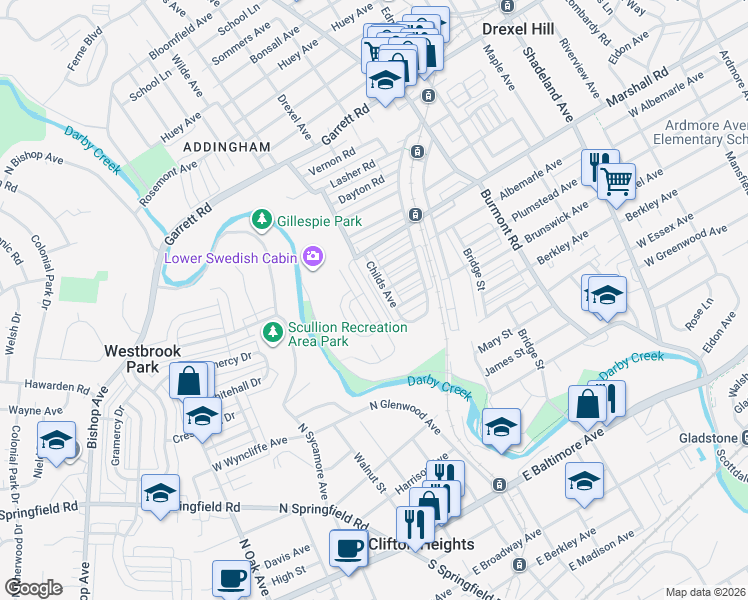 map of restaurants, bars, coffee shops, grocery stores, and more near 231 Wilde Avenue in Drexel Hill