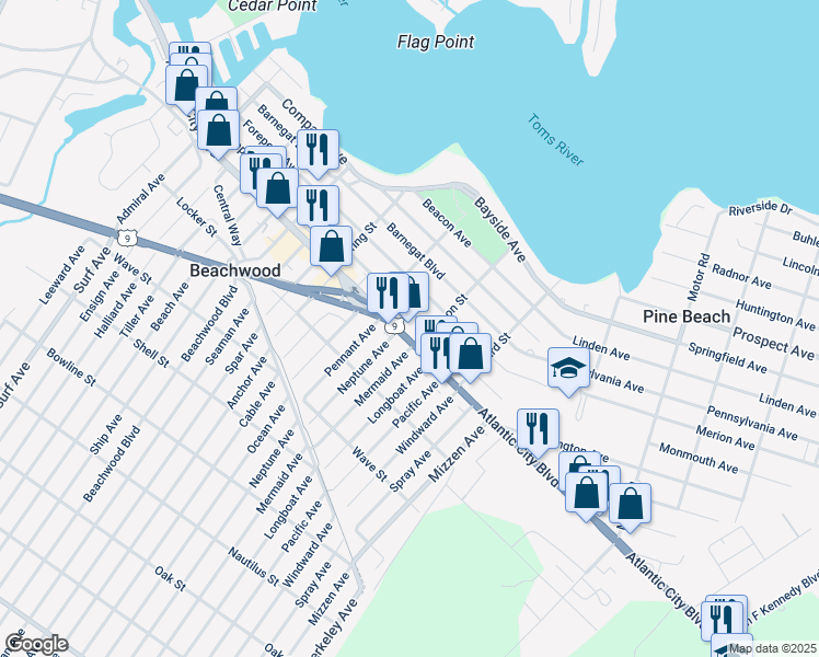 map of restaurants, bars, coffee shops, grocery stores, and more near 533 Atlantic City Boulevard in Beachwood
