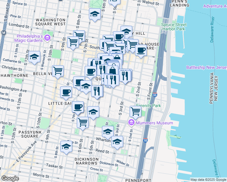 map of restaurants, bars, coffee shops, grocery stores, and more near 827 South 4th Street in Philadelphia