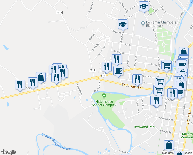 map of restaurants, bars, coffee shops, grocery stores, and more near 799 Lincoln Way West in Chambersburg