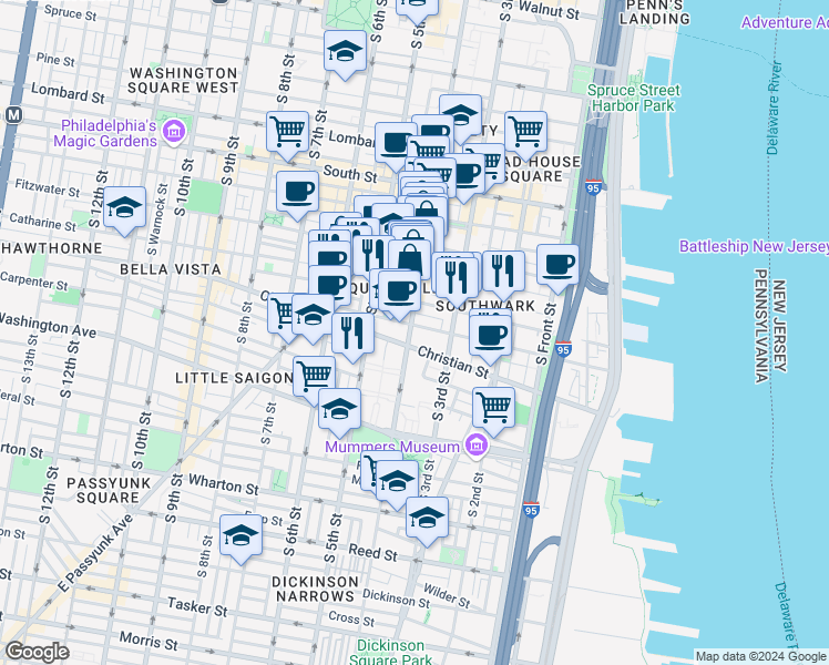 map of restaurants, bars, coffee shops, grocery stores, and more near 827 South 4th Street in Philadelphia