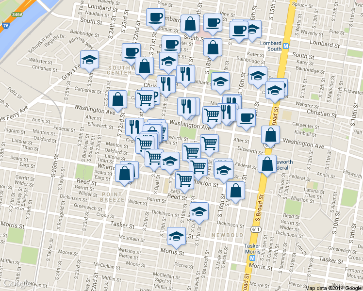 map of restaurants, bars, coffee shops, grocery stores, and more near 1150 S Dorrance St in Philadelphia