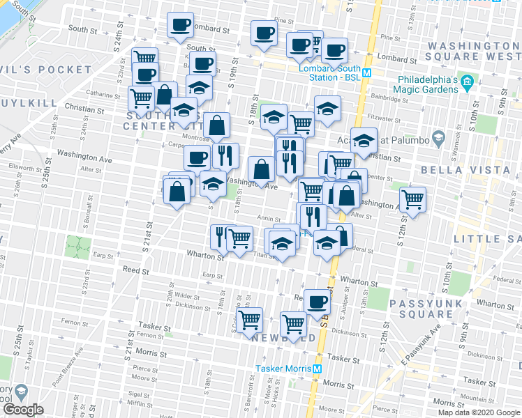 map of restaurants, bars, coffee shops, grocery stores, and more near 1700 Ellsworth Street in Philadelphia