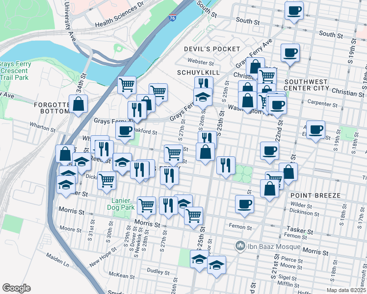 map of restaurants, bars, coffee shops, grocery stores, and more near 1252 South 27th Street in Philadelphia