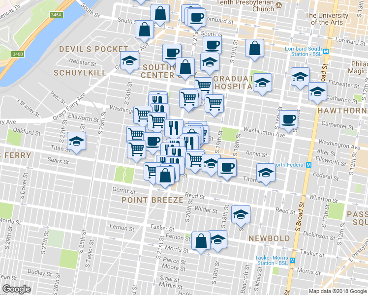 map of restaurants, bars, coffee shops, grocery stores, and more near 2036 Federal Street in Philadelphia