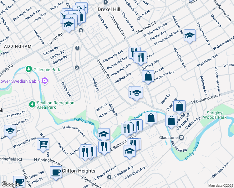 map of restaurants, bars, coffee shops, grocery stores, and more near 154 Burmont Road in Drexel Hill