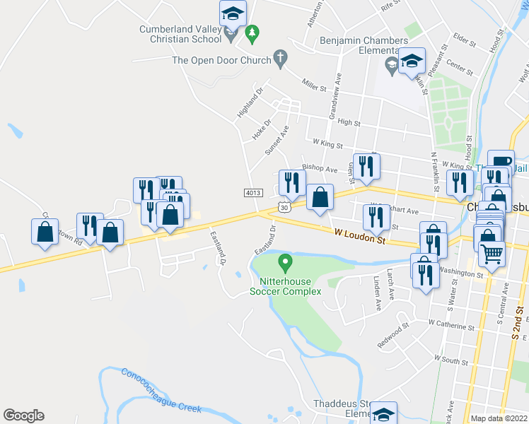 map of restaurants, bars, coffee shops, grocery stores, and more near 799 Lincoln Highway in Chambersburg