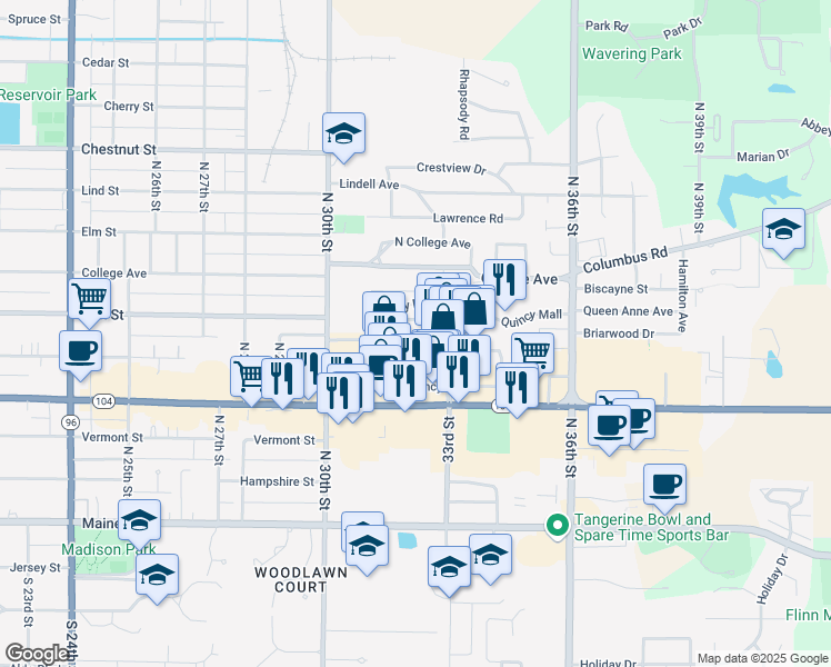 map of restaurants, bars, coffee shops, grocery stores, and more near 3203 Broadway Street in Quincy