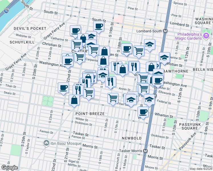 map of restaurants, bars, coffee shops, grocery stores, and more near 1149 S Dorrance St in Philadelphia