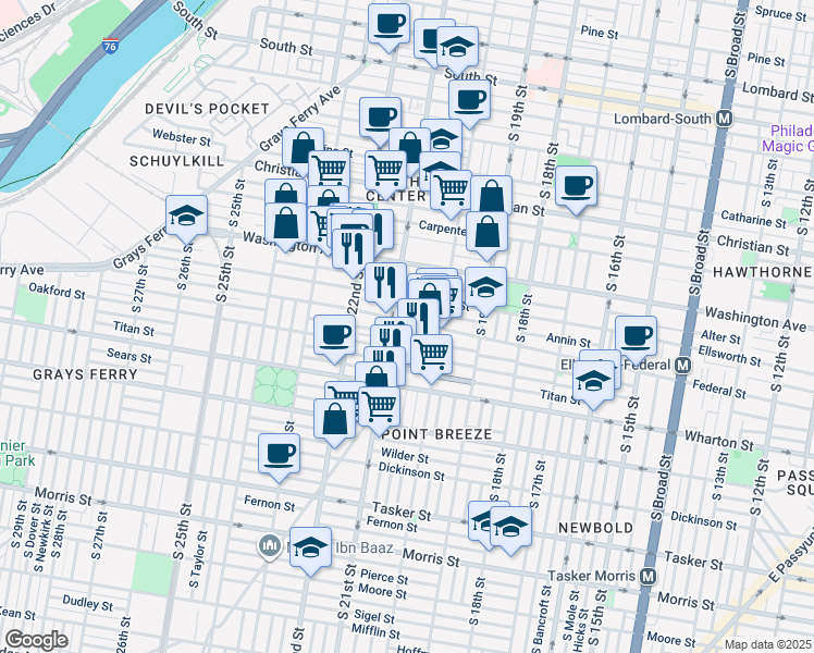 map of restaurants, bars, coffee shops, grocery stores, and more near 2036 Federal Street in Philadelphia