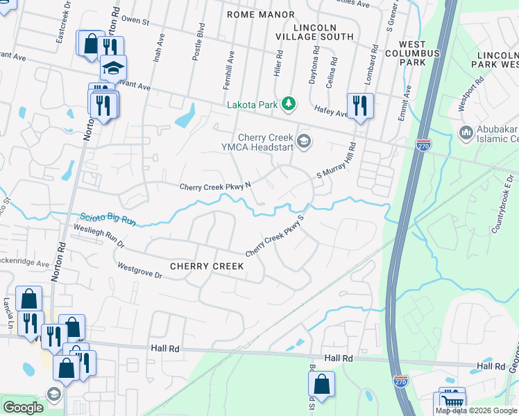map of restaurants, bars, coffee shops, grocery stores, and more near 711 Cherry Hollow Road in Columbus
