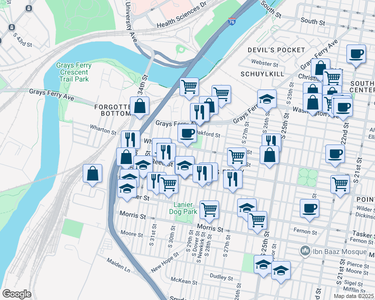 map of restaurants, bars, coffee shops, grocery stores, and more near 2942 Wharton Street in Philadelphia