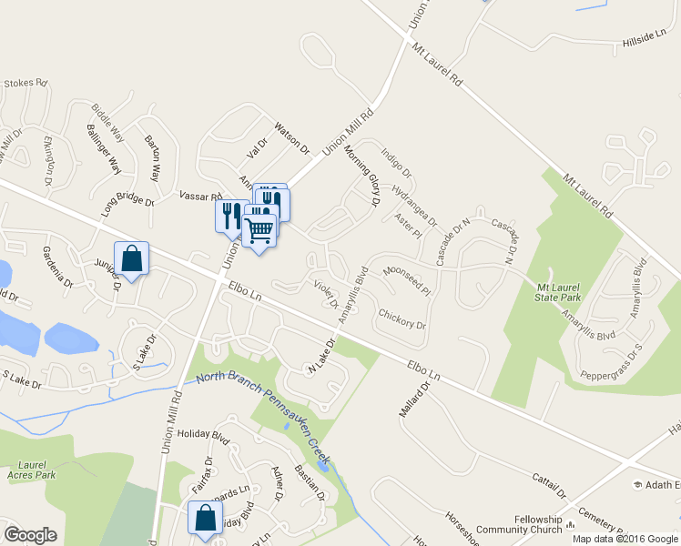 map of restaurants, bars, coffee shops, grocery stores, and more near 2902 Sweetleaf Terrace in Mount Laurel