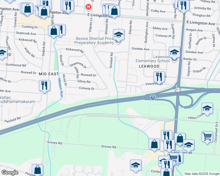 map of restaurants, bars, coffee shops, grocery stores, and more near 1782 Bostwick Road in Columbus