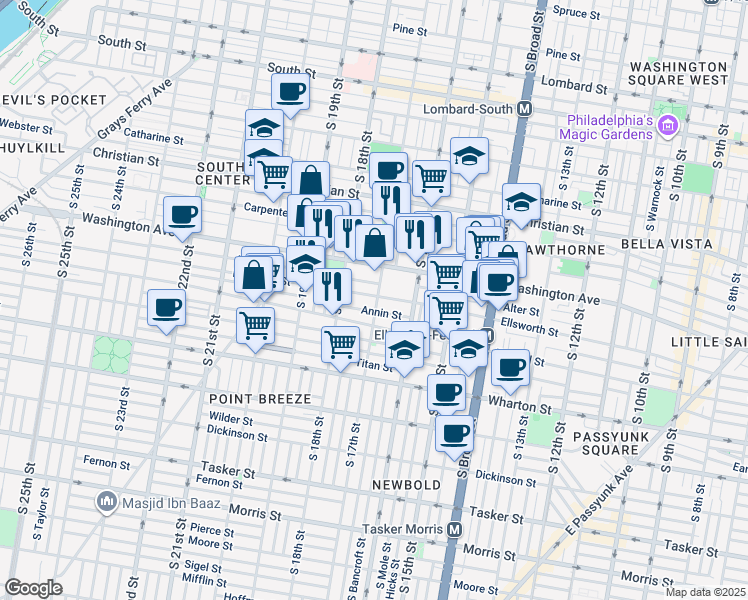 map of restaurants, bars, coffee shops, grocery stores, and more near 1700 Ellsworth Street in Philadelphia
