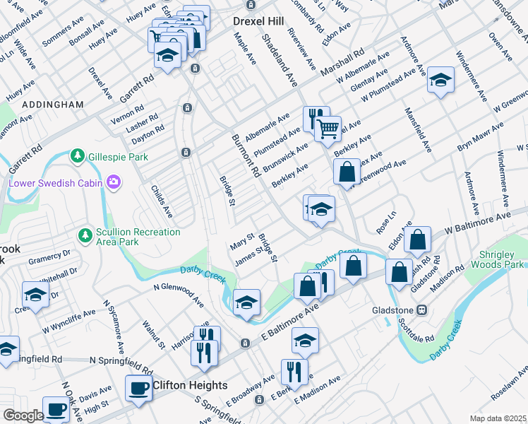 map of restaurants, bars, coffee shops, grocery stores, and more near 3812 Anne Street in Drexel Hill