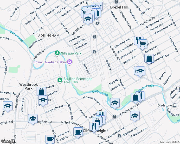 map of restaurants, bars, coffee shops, grocery stores, and more near 249 Childs Avenue in Drexel Hill
