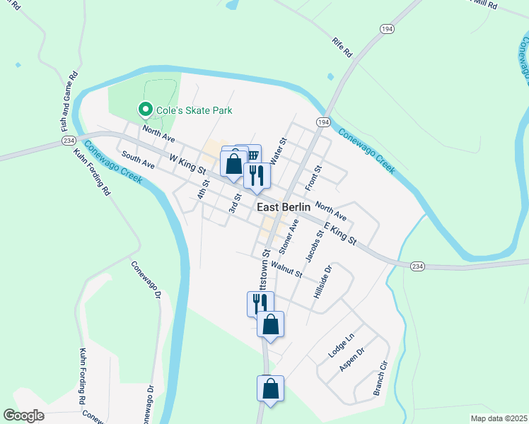 map of restaurants, bars, coffee shops, grocery stores, and more near 118 South Avenue in East Berlin