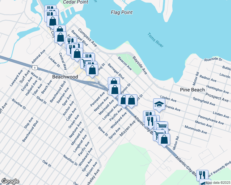 map of restaurants, bars, coffee shops, grocery stores, and more near 533 Atlantic City Boulevard in Beachwood