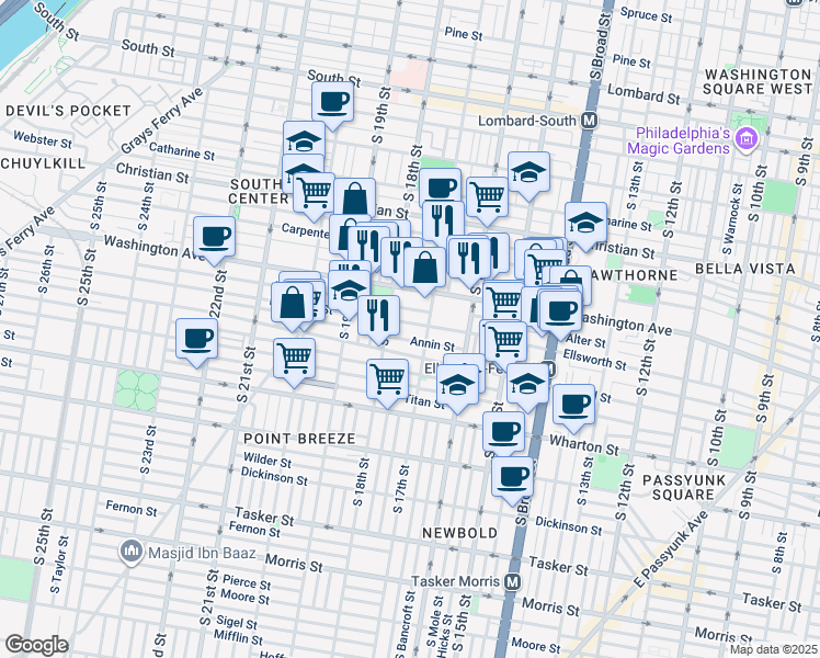 map of restaurants, bars, coffee shops, grocery stores, and more near 1720 Ellsworth Street in Philadelphia