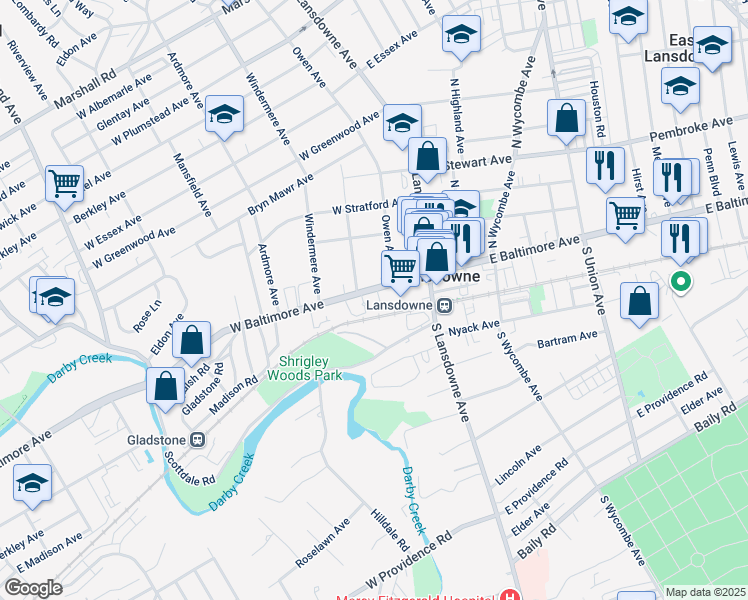 map of restaurants, bars, coffee shops, grocery stores, and more near 80 West Baltimore Avenue in Lansdowne