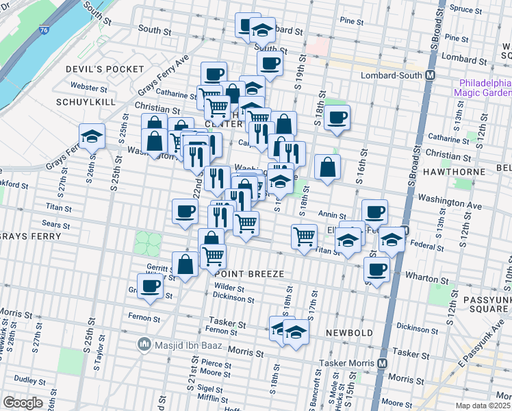 map of restaurants, bars, coffee shops, grocery stores, and more near 2009 Federal Street in Philadelphia
