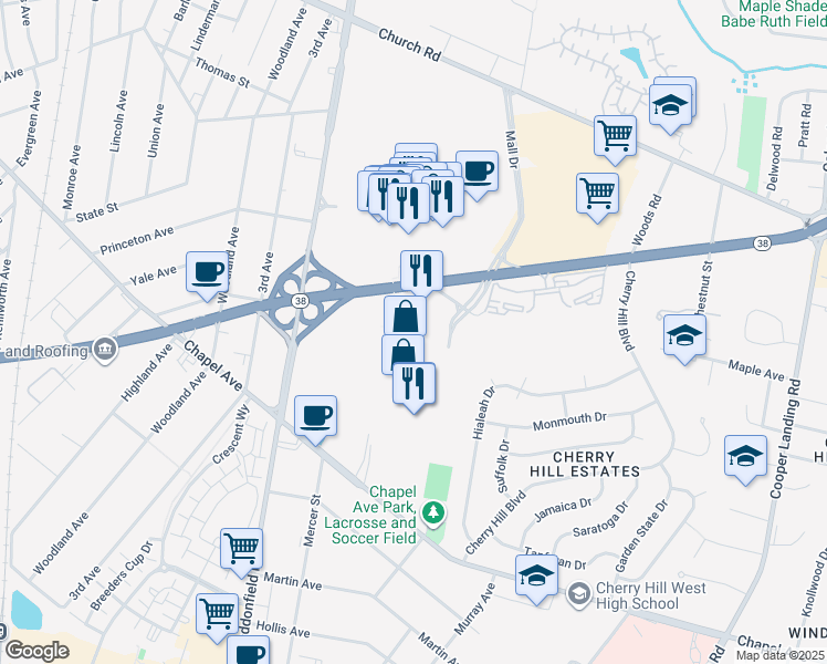 map of restaurants, bars, coffee shops, grocery stores, and more near 2133 New Jersey 38 in Cherry Hill