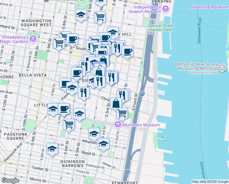 map of restaurants, bars, coffee shops, grocery stores, and more near 245 Queen Street in Philadelphia