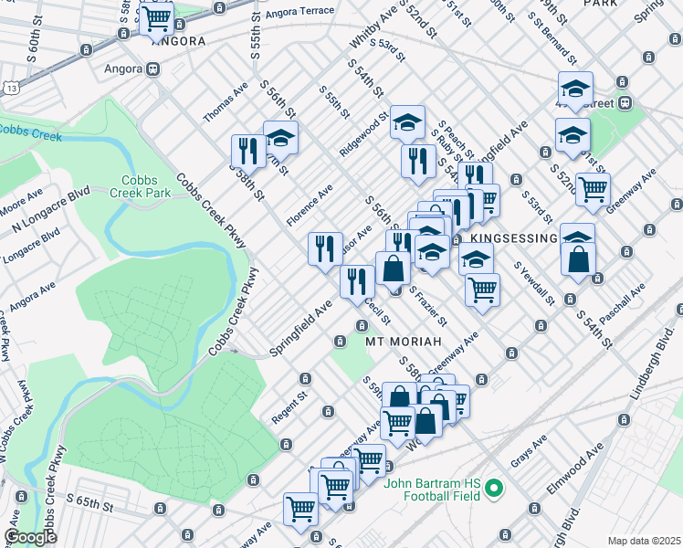 map of restaurants, bars, coffee shops, grocery stores, and more near 5744 Belmar Terrace in Philadelphia