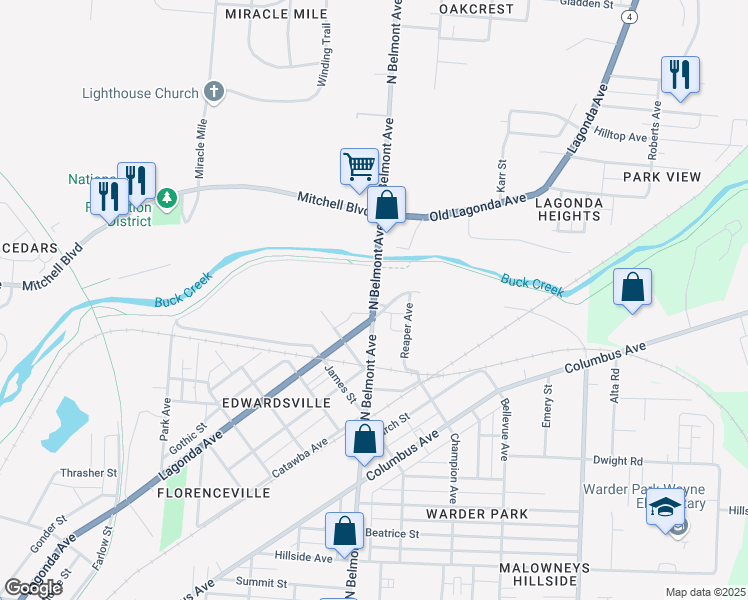 map of restaurants, bars, coffee shops, grocery stores, and more near North Belmont Avenue in Springfield
