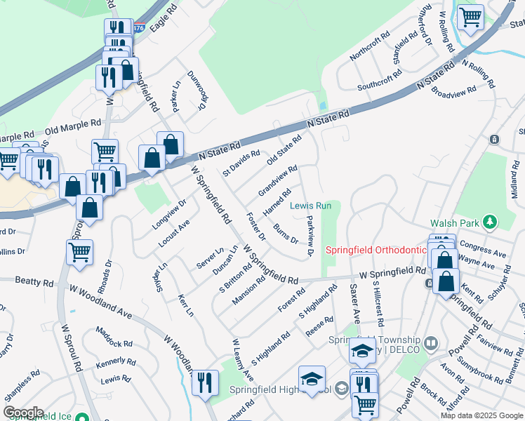 map of restaurants, bars, coffee shops, grocery stores, and more near 110 Harned Road in Springfield