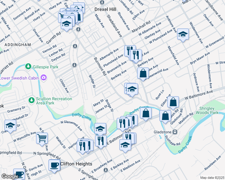 map of restaurants, bars, coffee shops, grocery stores, and more near 156 Burmont Road in Drexel Hill