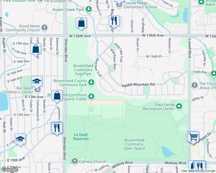map of restaurants, bars, coffee shops, grocery stores, and more near 4550 Red Deer Trail in Broomfield
