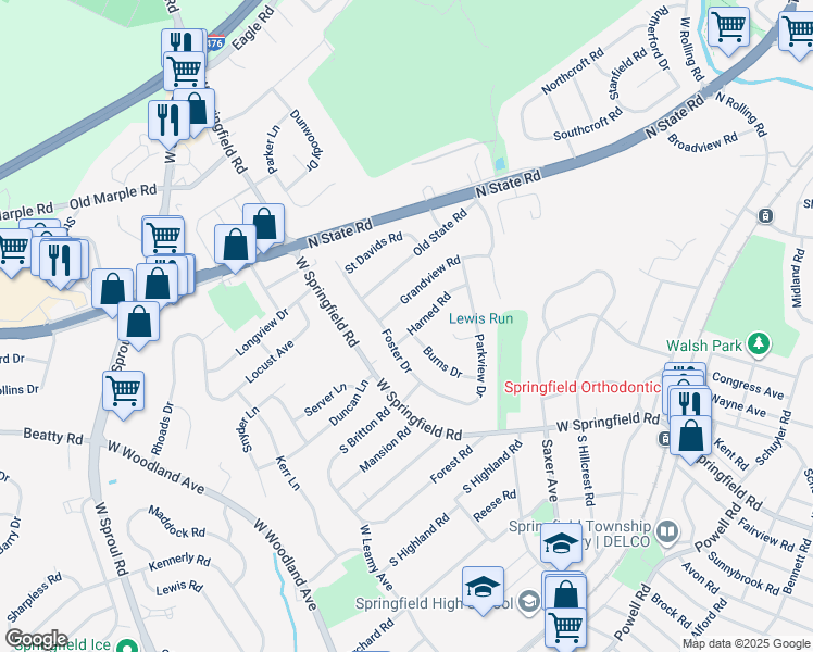 map of restaurants, bars, coffee shops, grocery stores, and more near 110 Harned Road in Springfield