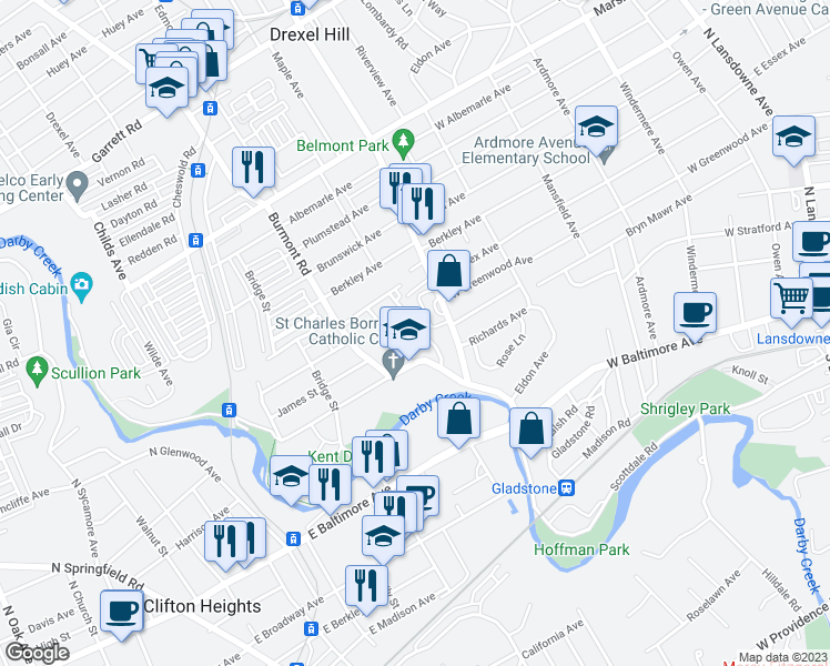 map of restaurants, bars, coffee shops, grocery stores, and more near 132 Abbey Terrace in Upper Darby