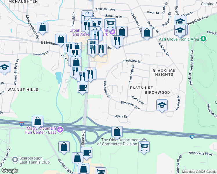 map of restaurants, bars, coffee shops, grocery stores, and more near 2100 Charney Court in Reynoldsburg