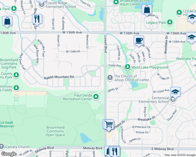 map of restaurants, bars, coffee shops, grocery stores, and more near 3702 Glacier Rim Trail in Broomfield