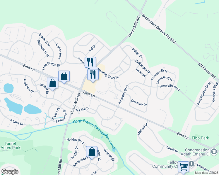 map of restaurants, bars, coffee shops, grocery stores, and more near 1307A Ginger Drive in Mount Laurel Township