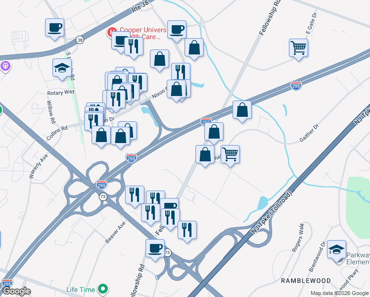 map of restaurants, bars, coffee shops, grocery stores, and more near 501 Fellowship Road in Mount Laurel